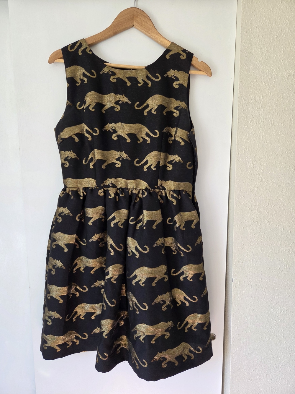 Anthropologie Black Mini Dress with Gold Leopard Motif